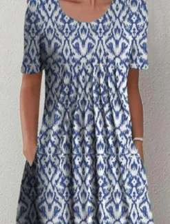 Online Women's Midi Dress Casual Dress Shift Dress Basic Casual Vacation Daily Weekend Regular Fit Geometric Short Sleeve Crew Neck Summer Spring Women Casual Dress