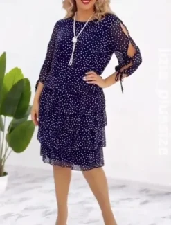New Women's Midi Dress Casual Dress Stylish Casual Vacation Daily Regular Fit Polka Dot 3/4 Length Sleeve Crew Neck Summer Women Casual Dress