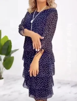 New Women's Midi Dress Casual Dress Stylish Casual Vacation Daily Regular Fit Polka Dot 3/4 Length Sleeve Crew Neck Summer Women Casual Dress