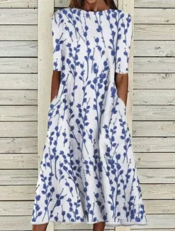 Online Women's Midi Dress Casual Dress Blue Half Sleeve Print Ruched Spring Summer Crew Neck Casual 2023 S M L XL XXL 3XL Women Spring Dresses|Casual Dress