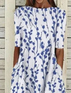 Online Women's Midi Dress Casual Dress Blue Half Sleeve Print Ruched Spring Summer Crew Neck Casual 2023 S M L XL XXL 3XL Women Spring Dresses|Casual Dress
