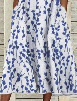 Online Women's Midi Dress Casual Dress Blue Half Sleeve Print Ruched Spring Summer Crew Neck Casual 2023 S M L XL XXL 3XL Women Spring Dresses|Casual Dress
