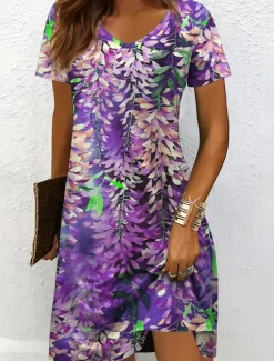 Outlet Women's Midi Dress Casual Dress T Shirt Dress Tee Dress Sundress A Line Dress Vacation Casual Beach Beach Regular Fit Floral Graphic Leaf Short Sleeve V Neck Yellow Pink Blue Purple Summer Spring Women Vacation Dresses