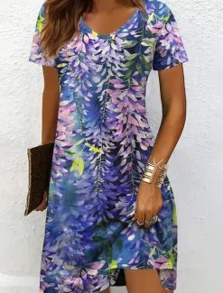Outlet Women's Midi Dress Casual Dress T Shirt Dress Tee Dress Sundress A Line Dress Vacation Casual Beach Beach Regular Fit Floral Graphic Leaf Short Sleeve V Neck Yellow Pink Blue Purple Summer Spring Women Vacation Dresses