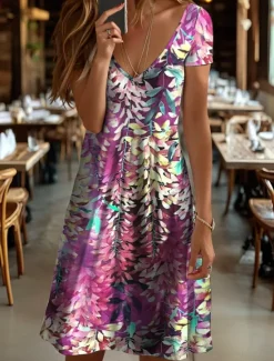 Outlet Women's Midi Dress Casual Dress T Shirt Dress Tee Dress Sundress A Line Dress Vacation Casual Beach Beach Regular Fit Floral Graphic Leaf Short Sleeve V Neck Yellow Pink Blue Purple Summer Spring Women Vacation Dresses