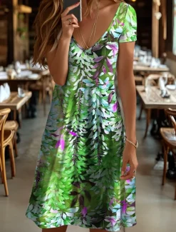 Outlet Women's Midi Dress Casual Dress T Shirt Dress Tee Dress Sundress A Line Dress Vacation Casual Beach Beach Regular Fit Floral Graphic Leaf Short Sleeve V Neck Yellow Pink Blue Purple Summer Spring Women Vacation Dresses
