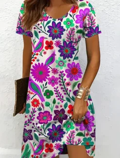New Women's Midi Dress Casual Dress T Shirt Dress Tee Dress Sundress A Line Dress Vacation Casual Beach Beach Regular Fit Floral Graphic Short Sleeve V Neck Yellow Red Blue Purple Summer Spring Women Vacation Dresses