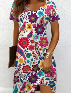 New Women's Midi Dress Casual Dress T Shirt Dress Tee Dress Sundress A Line Dress Vacation Casual Beach Beach Regular Fit Floral Graphic Short Sleeve V Neck Yellow Red Blue Purple Summer Spring Women Vacation Dresses