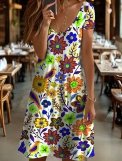 New Women's Midi Dress Casual Dress T Shirt Dress Tee Dress Sundress A Line Dress Vacation Casual Beach Beach Regular Fit Floral Graphic Short Sleeve V Neck Yellow Red Blue Purple Summer Spring Women Vacation Dresses