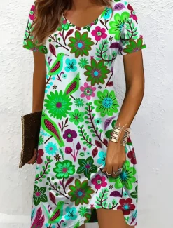 New Women's Midi Dress Casual Dress T Shirt Dress Tee Dress Sundress A Line Dress Vacation Casual Beach Beach Regular Fit Floral Graphic Short Sleeve V Neck Yellow Red Blue Purple Summer Spring Women Vacation Dresses