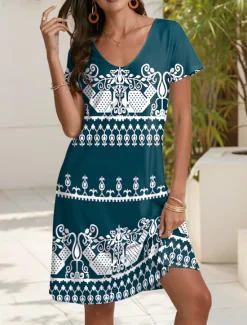Hot Women's Midi Dress Casual Dress Summer Floral Print V Neck Elegant Street Holiday Short Sleeve Summer Women T Shirt Dresses