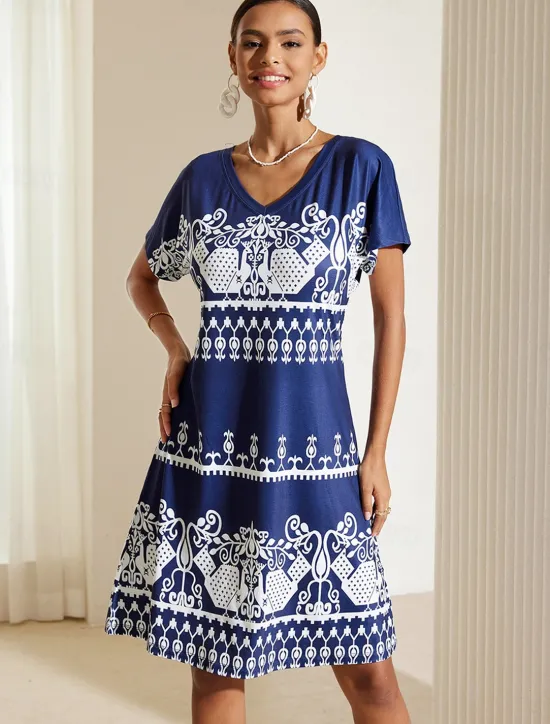 Hot Women's Midi Dress Casual Dress Summer Floral Print V Neck Elegant Street Holiday Short Sleeve Summer Women T Shirt Dresses