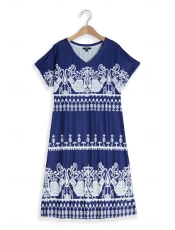 Hot Women's Midi Dress Casual Dress Summer Floral Print V Neck Elegant Street Holiday Short Sleeve Summer Women T Shirt Dresses