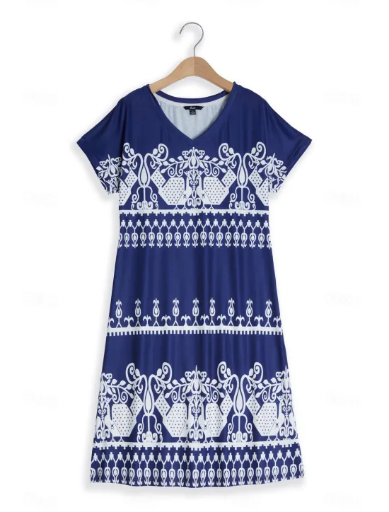 Hot Women's Midi Dress Casual Dress Summer Floral Print V Neck Elegant Street Holiday Short Sleeve Summer Women T Shirt Dresses
