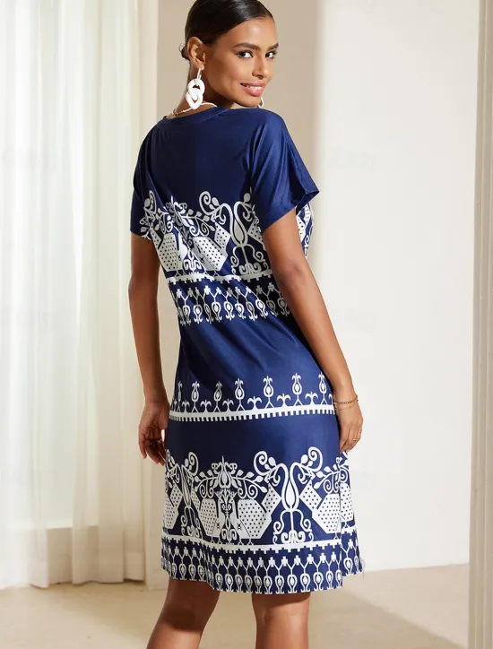 Hot Women's Midi Dress Casual Dress Summer Floral Print V Neck Elegant Street Holiday Short Sleeve Summer Women T Shirt Dresses