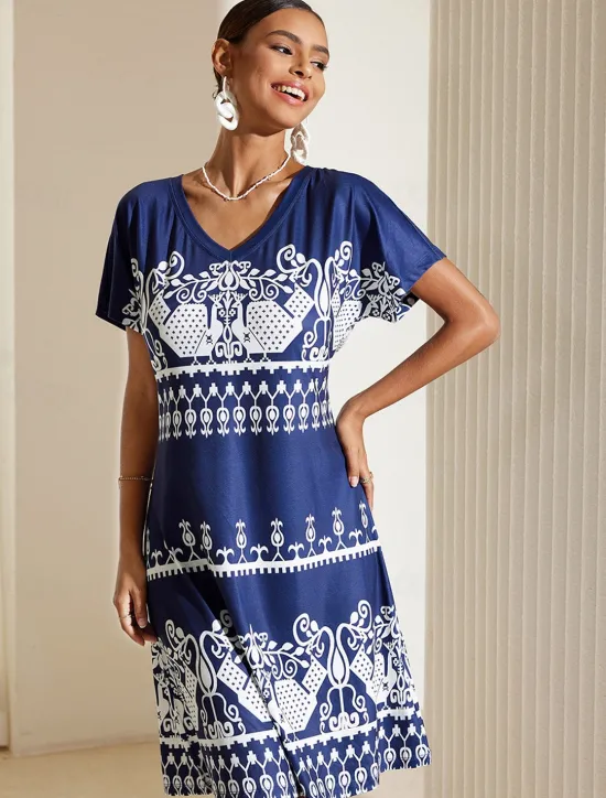Hot Women's Midi Dress Casual Dress Summer Floral Print V Neck Elegant Street Holiday Short Sleeve Summer Women T Shirt Dresses
