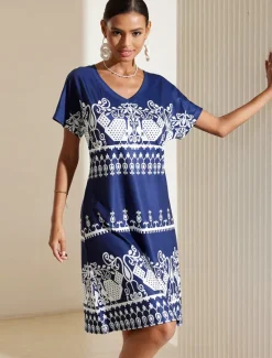 Hot Women's Midi Dress Casual Dress Summer Floral Print V Neck Elegant Street Holiday Short Sleeve Summer Women T Shirt Dresses