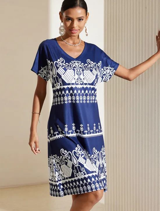 Hot Women's Midi Dress Casual Dress Summer Floral Print V Neck Elegant Street Holiday Short Sleeve Summer Women T Shirt Dresses