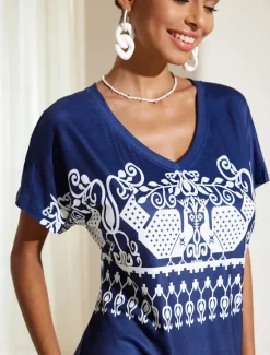 Hot Women's Midi Dress Casual Dress Summer Floral Print V Neck Elegant Street Holiday Short Sleeve Summer Women T Shirt Dresses