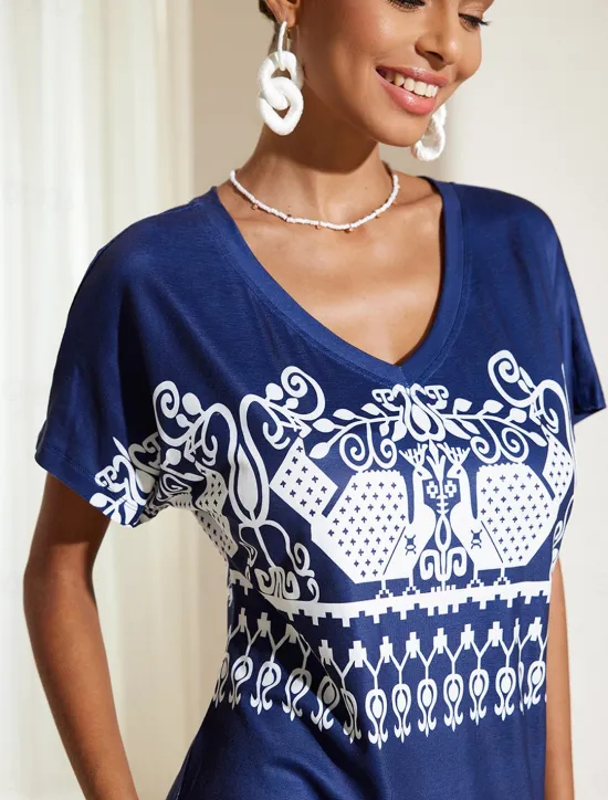 Hot Women's Midi Dress Casual Dress Summer Floral Print V Neck Elegant Street Holiday Short Sleeve Summer Women T Shirt Dresses