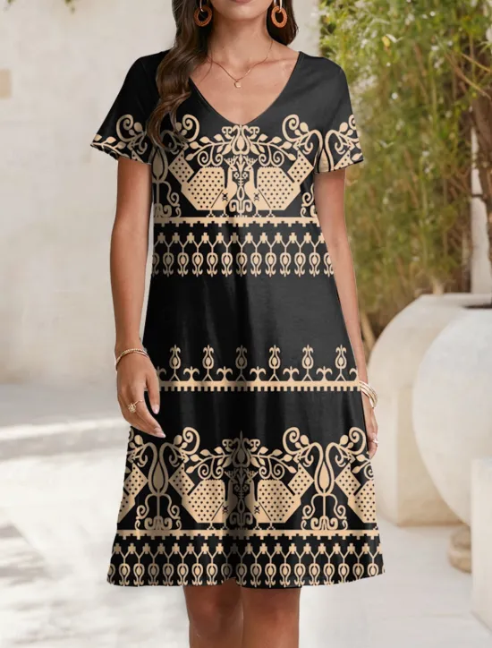 Hot Women's Midi Dress Casual Dress Summer Floral Print V Neck Elegant Street Holiday Short Sleeve Summer Women T Shirt Dresses
