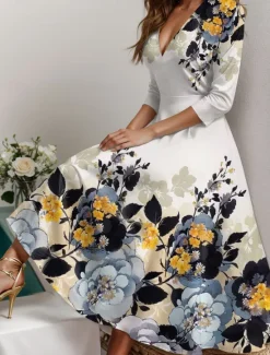 Clearance Women's Midi Dress Casual Dress Swing Dress Semi Formal Dress A Line Dress Streetwear A Line Formal Vacation Party Regular Fit Floral 3/4 Length Sleeve V Neck Spring Women Cocktail Dress