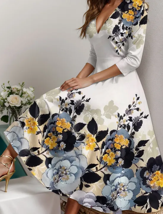 Clearance Women's Midi Dress Casual Dress Swing Dress Semi Formal Dress A Line Dress Streetwear A Line Formal Vacation Party Regular Fit Floral 3/4 Length Sleeve V Neck Spring Women Cocktail Dress