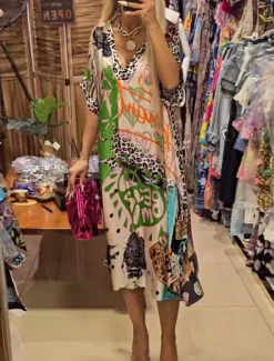 Outlet Women's Midi Dress Casual Dress A Line Dress Stylish Casual Vacation Daily Loose Fit Heart Floral Leopard Short Sleeve V Neck Pink Blue Green Summer Women Vacation Dresses