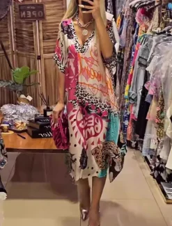 Outlet Women's Midi Dress Casual Dress A Line Dress Stylish Casual Vacation Daily Loose Fit Heart Floral Leopard Short Sleeve V Neck Pink Blue Green Summer Women Vacation Dresses