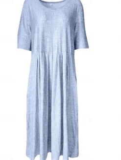 Sale Women's Midi Dress Casual Dress A Line Dress Elegant Stylish Casual Vacation Daily Loose Fit Stripe Short Sleeve Crew Neck Gray Light Blue Summer Spring Women T Shirt Dresses