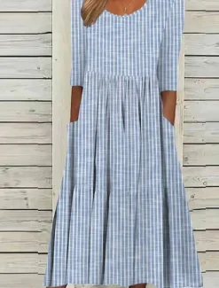 Sale Women's Midi Dress Casual Dress A Line Dress Elegant Stylish Casual Vacation Daily Loose Fit Stripe Short Sleeve Crew Neck Gray Light Blue Summer Spring Women T Shirt Dresses