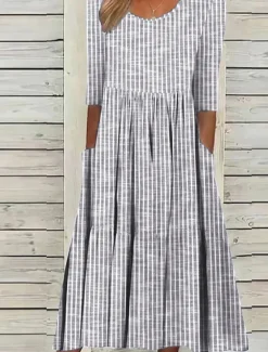 Sale Women's Midi Dress Casual Dress A Line Dress Elegant Stylish Casual Vacation Daily Loose Fit Stripe Short Sleeve Crew Neck Gray Light Blue Summer Spring Women T Shirt Dresses