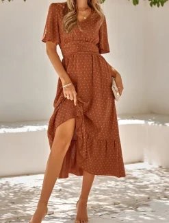Best Women's Midi Dress Casual Dress Swing Dress A Line Dress Stylish Basic Casual Vacation Daily Regular Fit Plain Short Sleeve V Neck Light Green Red Summer Spring Women Cocktail Dress