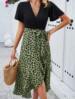 Women's Midi Dress Casual Dress Wrap Dress Summer Dress Fashion Modern Daily Weekend Regular Fit Leopard Short Sleeve V Neck Wine Green Apricot Summer Women Floral Dresses