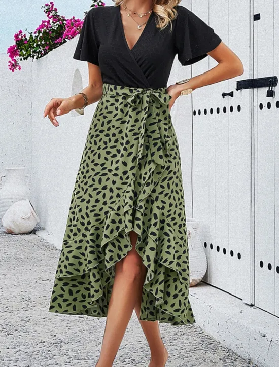 Women's Midi Dress Casual Dress Wrap Dress Summer Dress Fashion Modern Daily Weekend Regular Fit Leopard Short Sleeve V Neck Wine Green Apricot Summer Women Floral Dresses