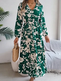 Clearance Women's Midi Dress Casual Dress Swing Dress A Line Dress Casual Daily Regular Fit Floral Long Sleeve V Neck Wine Green Khaki Summer Spring Fall Women Spring Dresses
