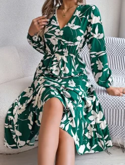 Clearance Women's Midi Dress Casual Dress Swing Dress A Line Dress Casual Daily Regular Fit Floral Long Sleeve V Neck Wine Green Khaki Summer Spring Fall Women Spring Dresses