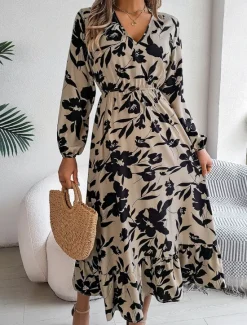 Clearance Women's Midi Dress Casual Dress Swing Dress A Line Dress Casual Daily Regular Fit Floral Long Sleeve V Neck Wine Green Khaki Summer Spring Fall Women Spring Dresses