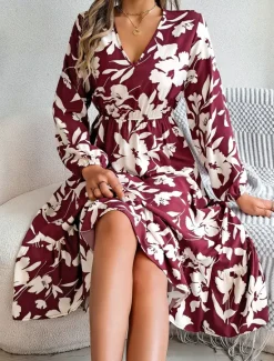 Clearance Women's Midi Dress Casual Dress Swing Dress A Line Dress Casual Daily Regular Fit Floral Long Sleeve V Neck Wine Green Khaki Summer Spring Fall Women Spring Dresses