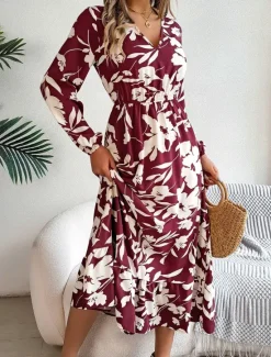 Clearance Women's Midi Dress Casual Dress Swing Dress A Line Dress Casual Daily Regular Fit Floral Long Sleeve V Neck Wine Green Khaki Summer Spring Fall Women Spring Dresses