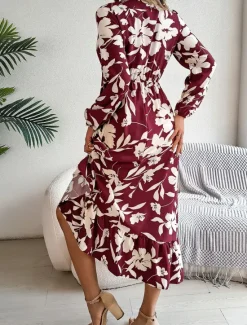 Clearance Women's Midi Dress Casual Dress Swing Dress A Line Dress Casual Daily Regular Fit Floral Long Sleeve V Neck Wine Green Khaki Summer Spring Fall Women Spring Dresses