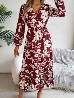 Clearance Women's Midi Dress Casual Dress Swing Dress A Line Dress Casual Daily Regular Fit Floral Long Sleeve V Neck Wine Green Khaki Summer Spring Fall Women Spring Dresses