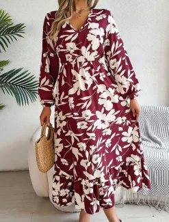 Clearance Women's Midi Dress Casual Dress Swing Dress A Line Dress Casual Daily Regular Fit Floral Long Sleeve V Neck Wine Green Khaki Summer Spring Fall Women Spring Dresses