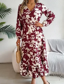 Clearance Women's Midi Dress Casual Dress Swing Dress A Line Dress Casual Daily Regular Fit Floral Long Sleeve V Neck Wine Green Khaki Summer Spring Fall Women Spring Dresses