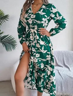 Clearance Women's Midi Dress Casual Dress Swing Dress A Line Dress Casual Daily Regular Fit Floral Long Sleeve V Neck Wine Green Khaki Summer Spring Fall Women Spring Dresses