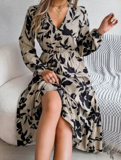 Clearance Women's Midi Dress Casual Dress Swing Dress A Line Dress Casual Daily Regular Fit Floral Long Sleeve V Neck Wine Green Khaki Summer Spring Fall Women Spring Dresses