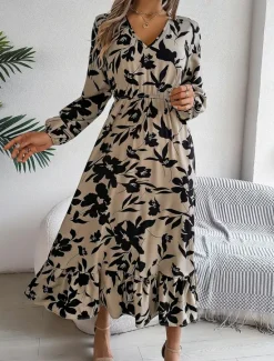 Clearance Women's Midi Dress Casual Dress Swing Dress A Line Dress Casual Daily Regular Fit Floral Long Sleeve V Neck Wine Green Khaki Summer Spring Fall Women Spring Dresses