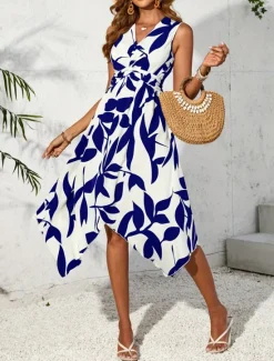New Women's Midi Dress Casual Dress Swing Dress A Line Dress Stylish Casual Vacation Daily Regular Fit Leaf Sleeveless V Neck Light Pink Blue Purple Apricot Summer Women Floral Dresses