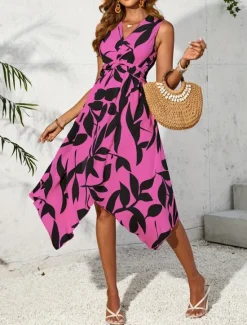 New Women's Midi Dress Casual Dress Swing Dress A Line Dress Stylish Casual Vacation Daily Regular Fit Leaf Sleeveless V Neck Light Pink Blue Purple Apricot Summer Women Floral Dresses