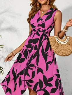 New Women's Midi Dress Casual Dress Swing Dress A Line Dress Stylish Casual Vacation Daily Regular Fit Leaf Sleeveless V Neck Light Pink Blue Purple Apricot Summer Women Floral Dresses